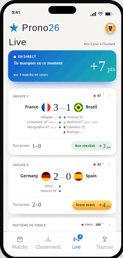 Écran Live — matchs en direct